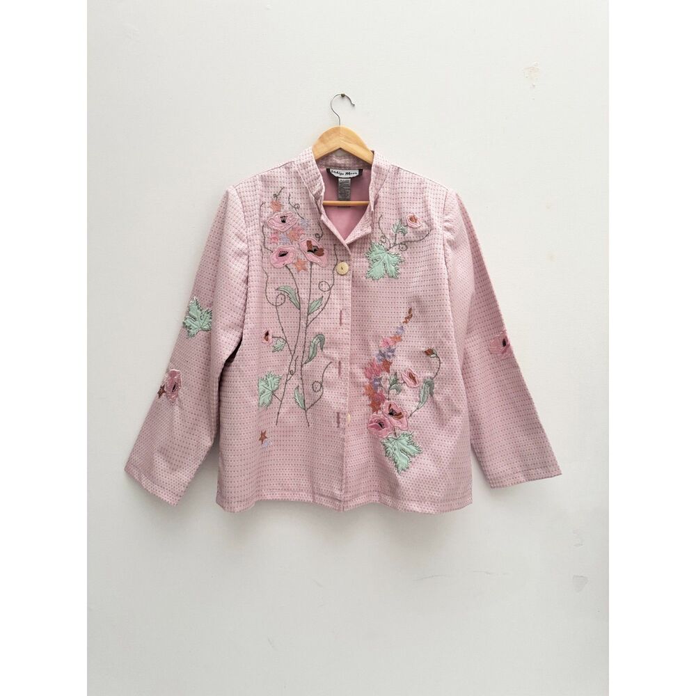 Indigo Moon Pink Floral Embroidered Applique Art to Wear Jacket L a la Dolly